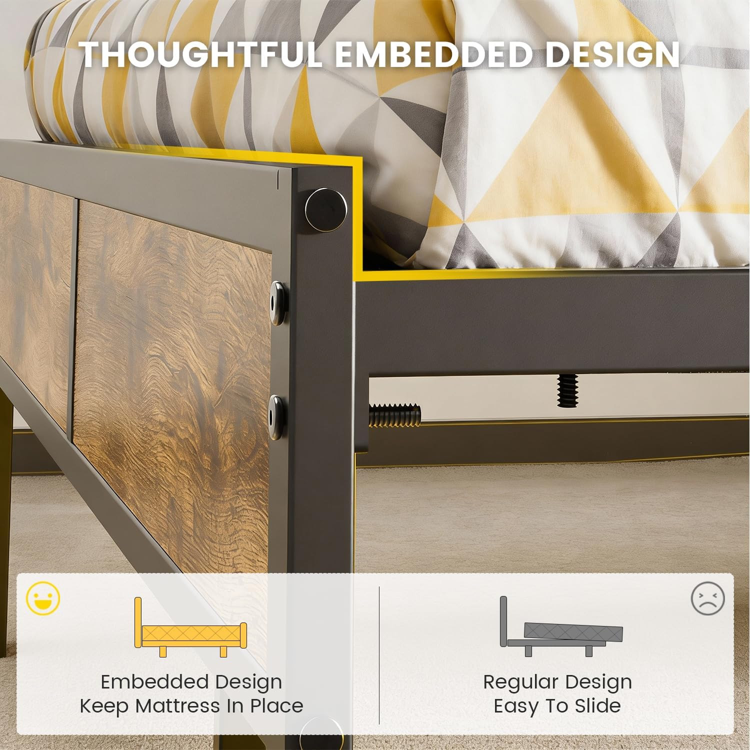 PROTEA Queen Size Bed Frame with LED Lights and Charging Station, Upholstered St