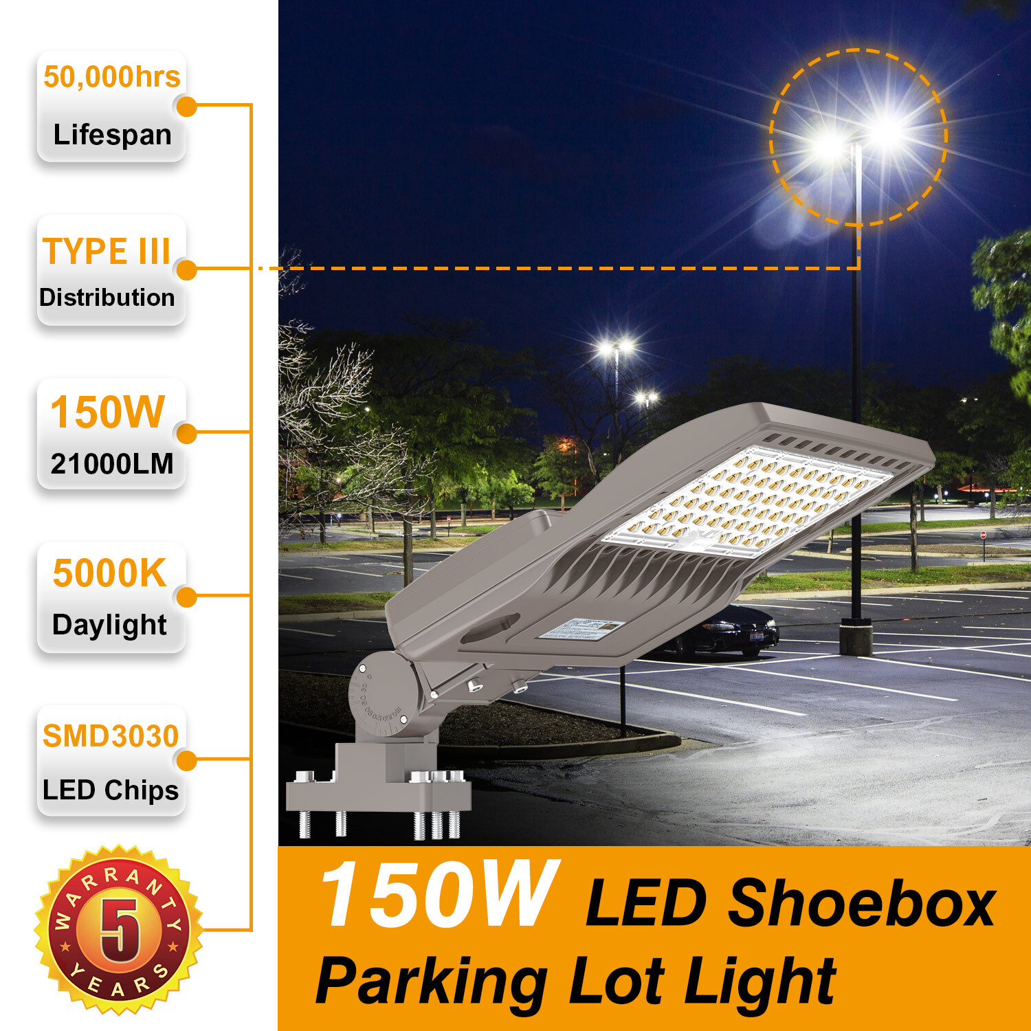 LED Parking Lot Light 150W Outdoor Shoebox Street Lighting Fixture 5000K DLC/UL