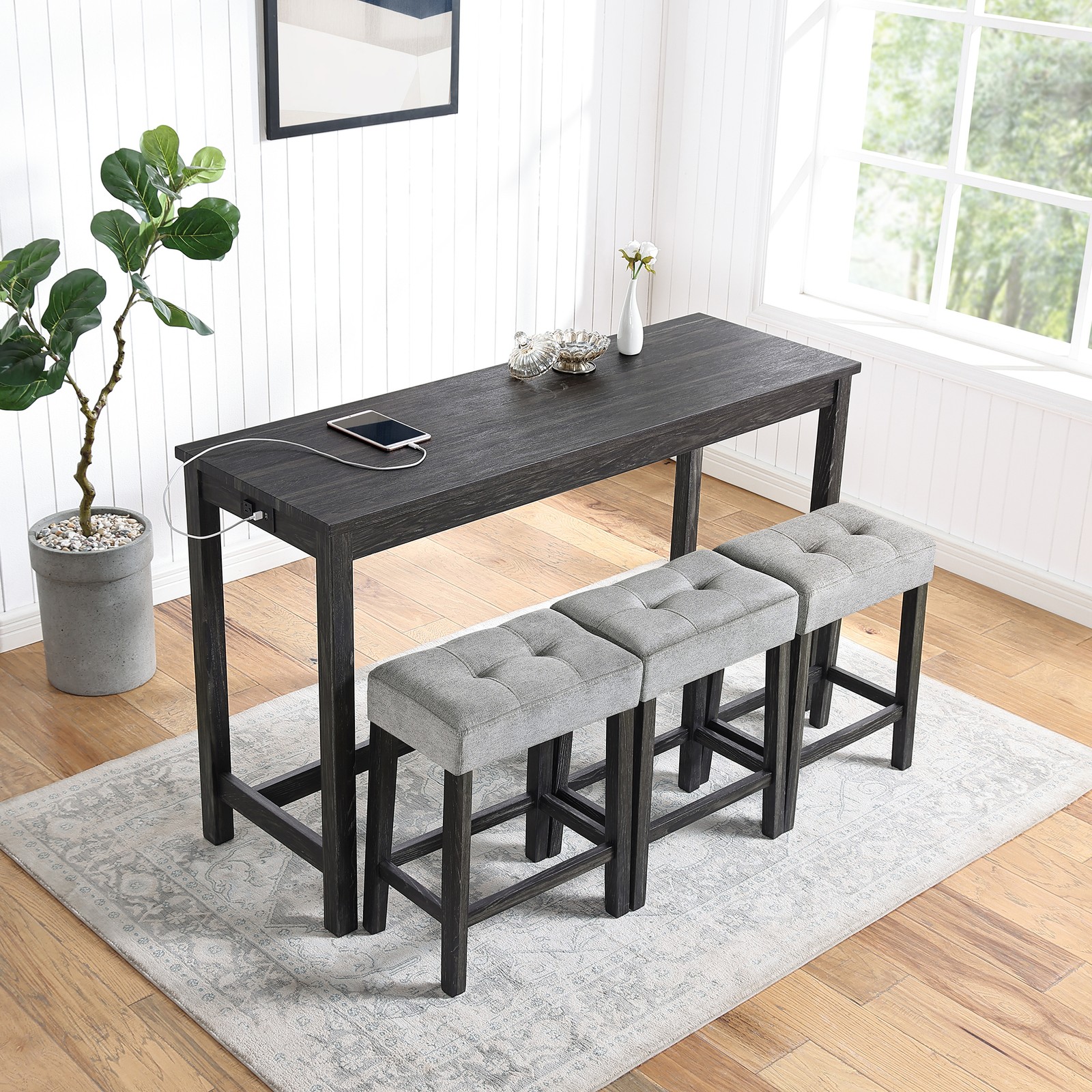 Bar Table Set w/ Power Outlet 4pcs Dining Table Industrial Breakfast Table