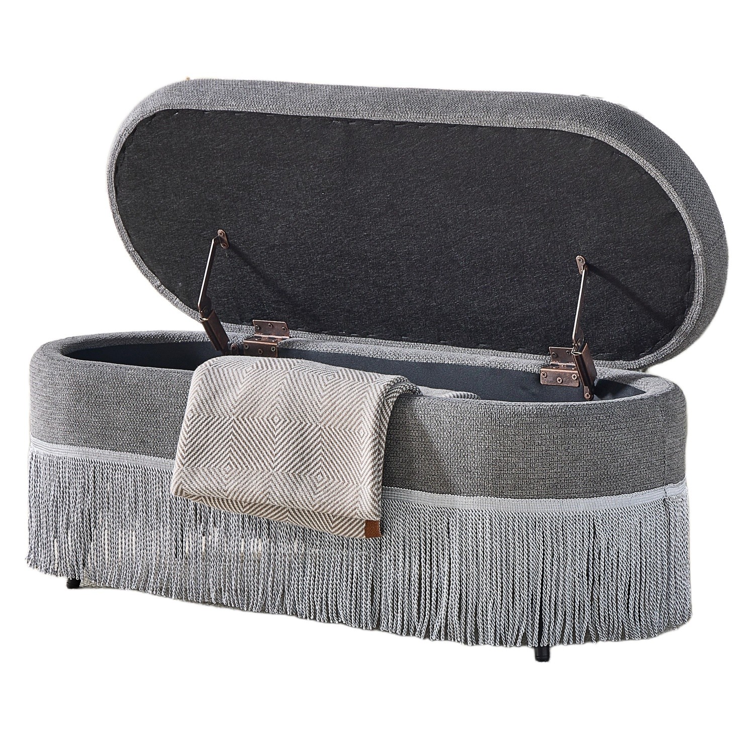 Storage Ottoman Bench 39" Oval Upholstered Footrest w/ Metal Frame & Fringe Trim