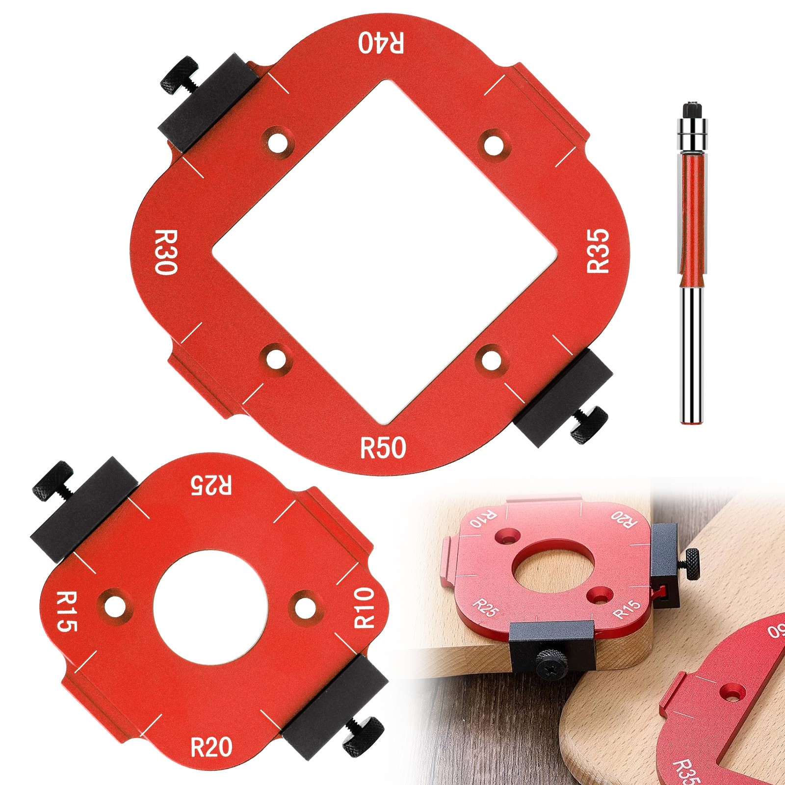 2x Router Corner Radius Template Jig R10-R50 Woodworking Router Guide+Router Bit