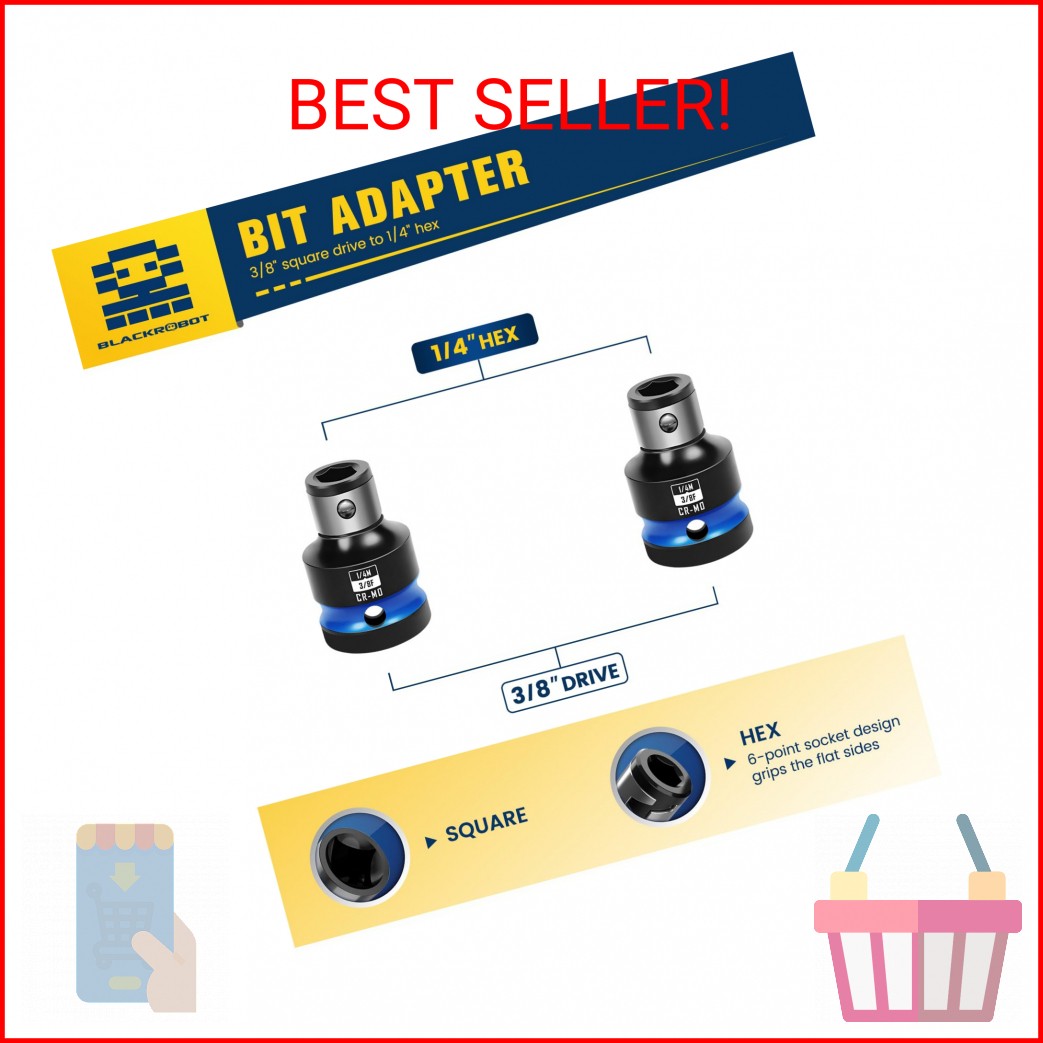 BLACKROBOT 2PCS Impact Bit Holders 3/8 Inch Square Drive to 1/4 Inch Hex Socket