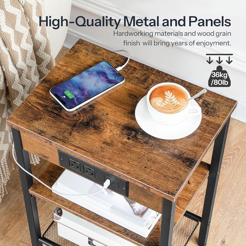Multifunctional Side Table W/ Charging Station Adjustable Storage Shelves New