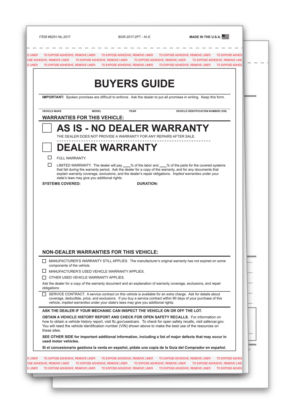 2 PART CAR DEALER LOT BUYER GUIDE PACK OF 100 FORMS AS IS WARRANTY NO LINES