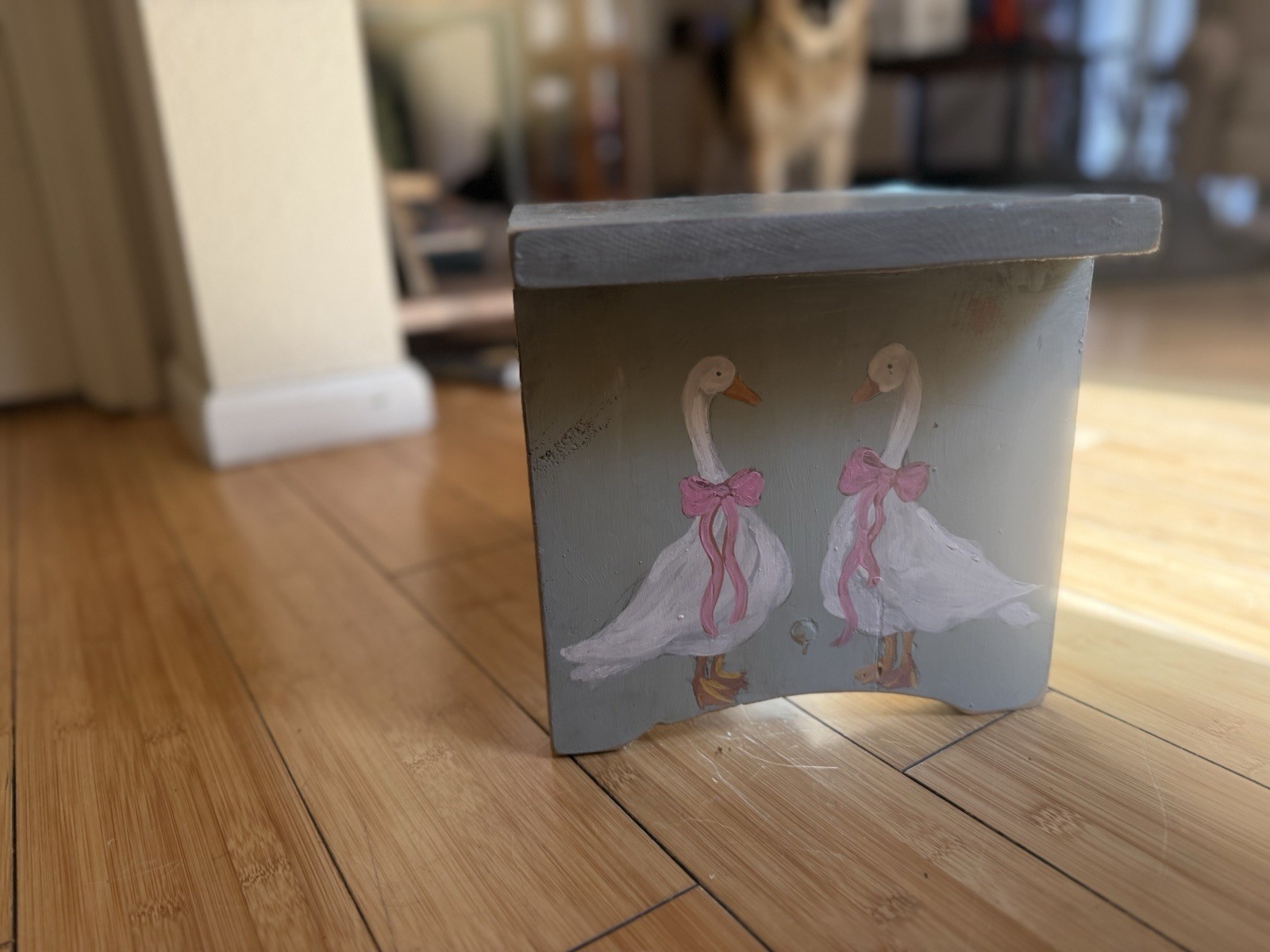 Two Silly Geese Hand Painted Foot Stool Signed by Artist