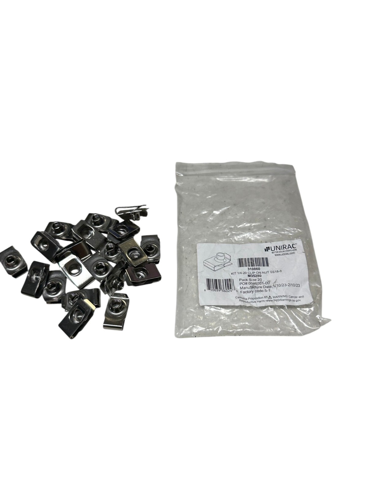 Unirac M35280, 1/4-20 Clip On Nut Stainless Steel (LOT OF 20)  🔥 Fast Shipping