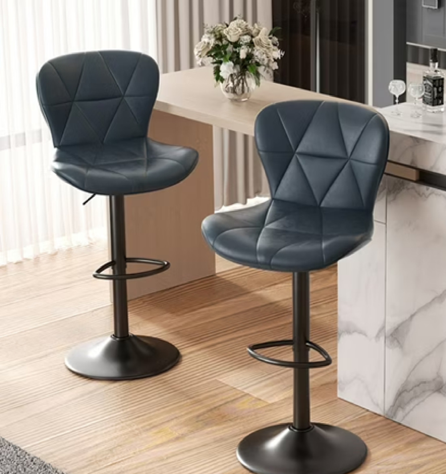 Hawsaiy Modern Bar Stools Set of 2, Adjustable Faux Leather Upholstered Swivel