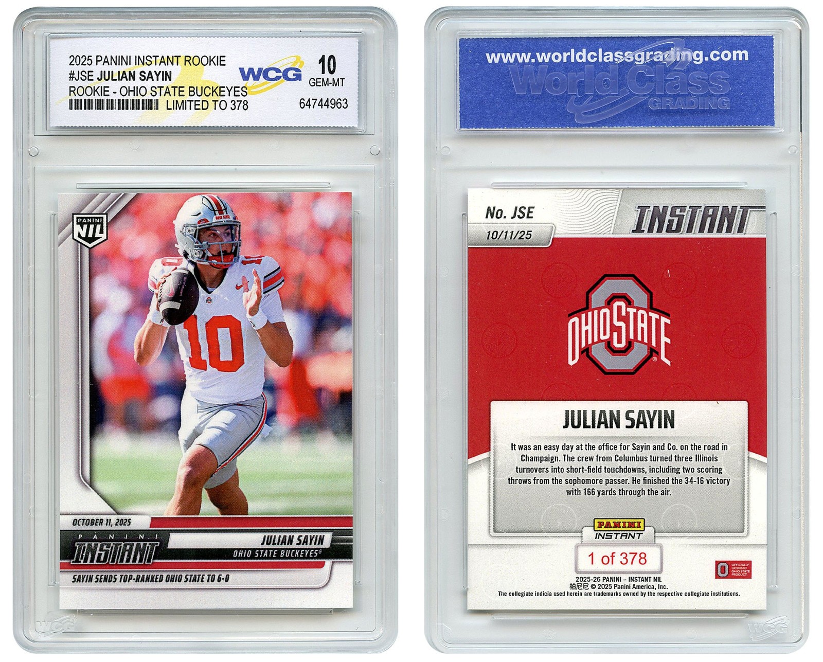2025 Panini RC JULIAN SAYIN Ohio State Buckeyes OSU ROOKIE CARD #JSE GEM MINT 10