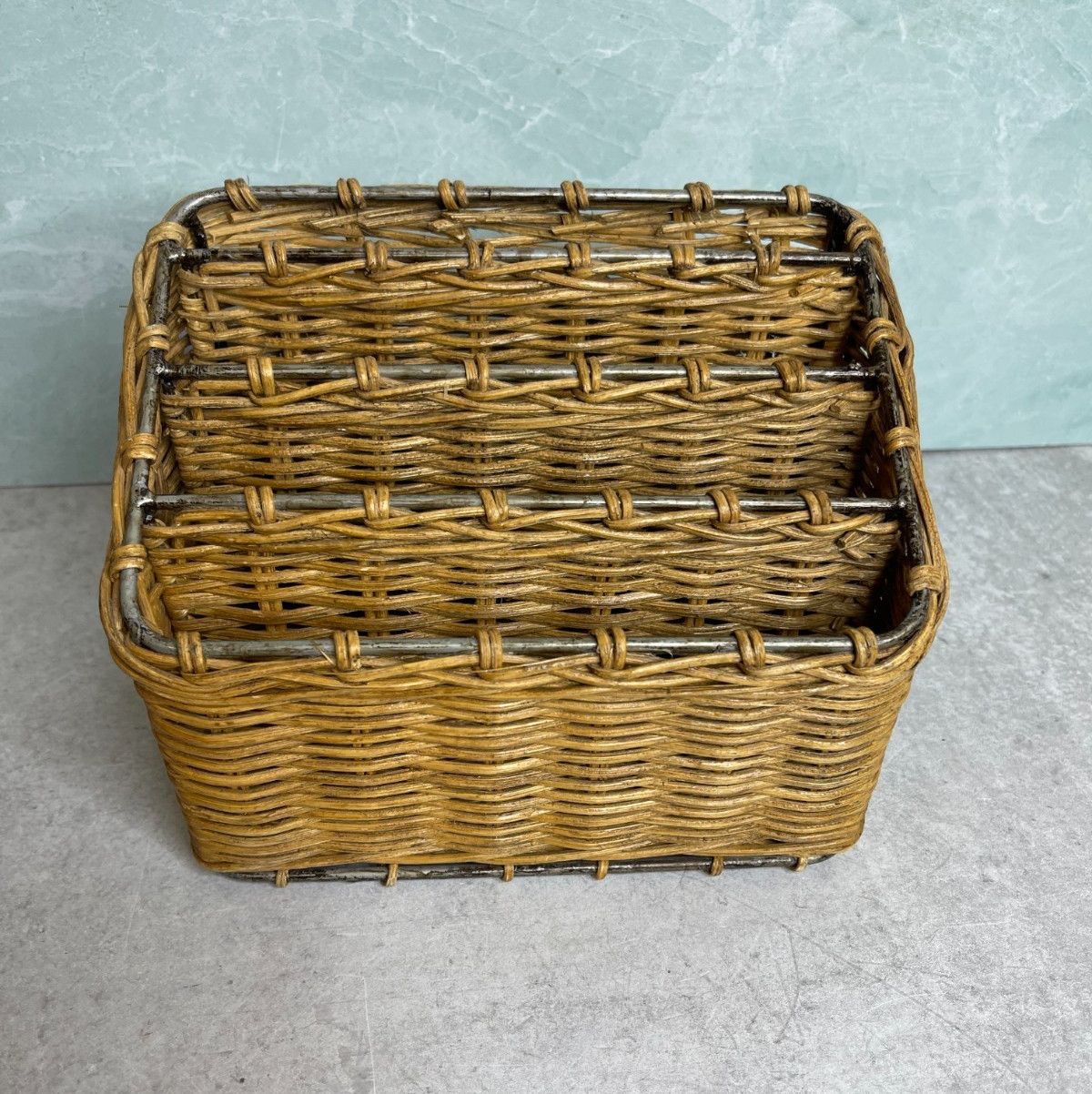 Vintage Wicker Mail Organizer Desk Letter Pen Makeup Brush Utensil Holder Vanity