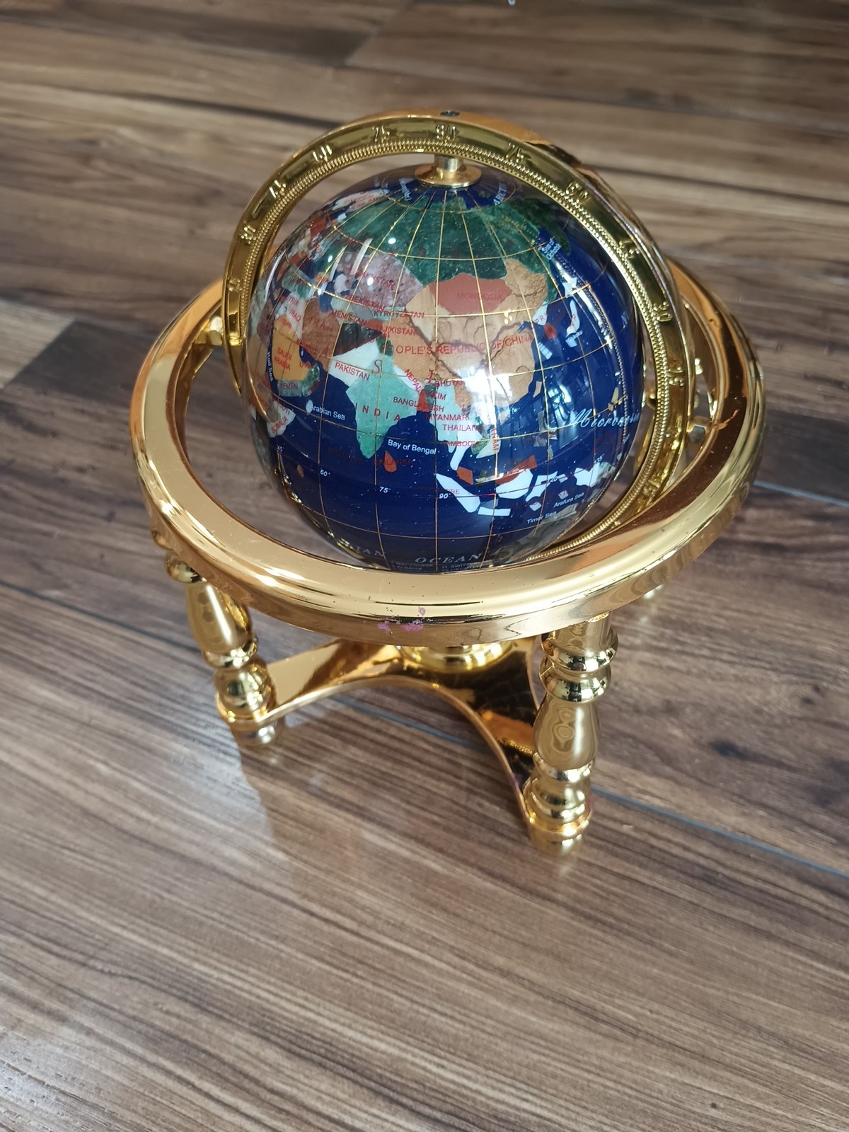Gemstone World Globe w/ Gold-Toned Brass Stand W/Compass