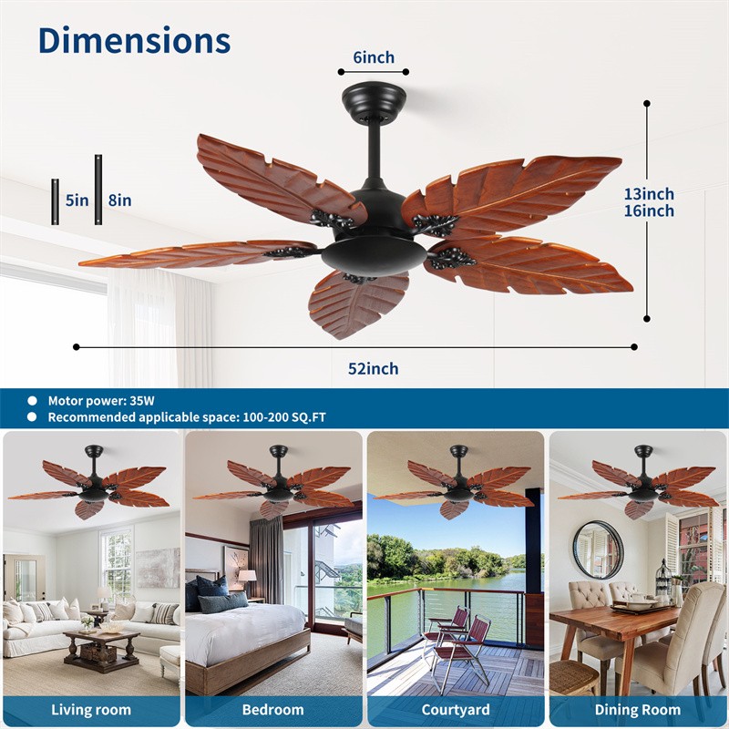 52" Tropical Ceiling Fan No Light 5 Solid Wood Palm Leaf Blade Reversible