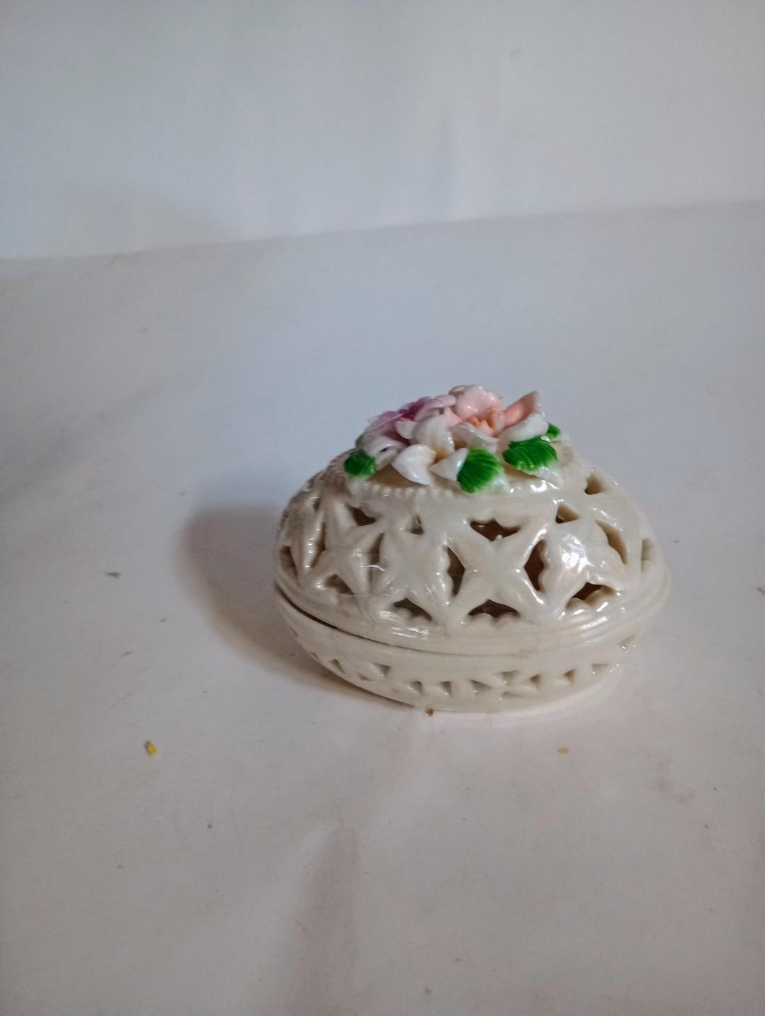 Vintage White Oval Filigree Egg trinket dish