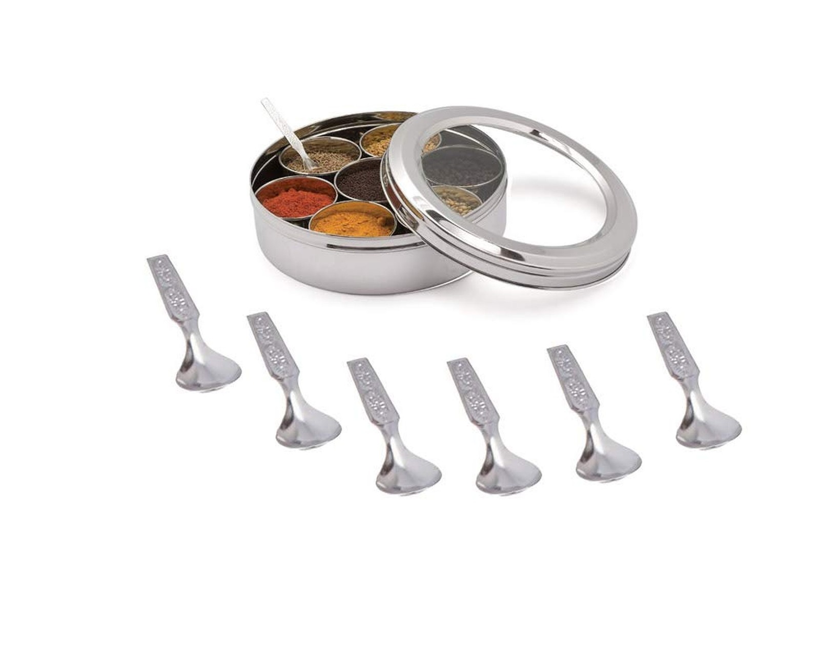 Stainless Steel Transparent Masala Dabba - 7 Containers, Steel Masala Box, Ki...