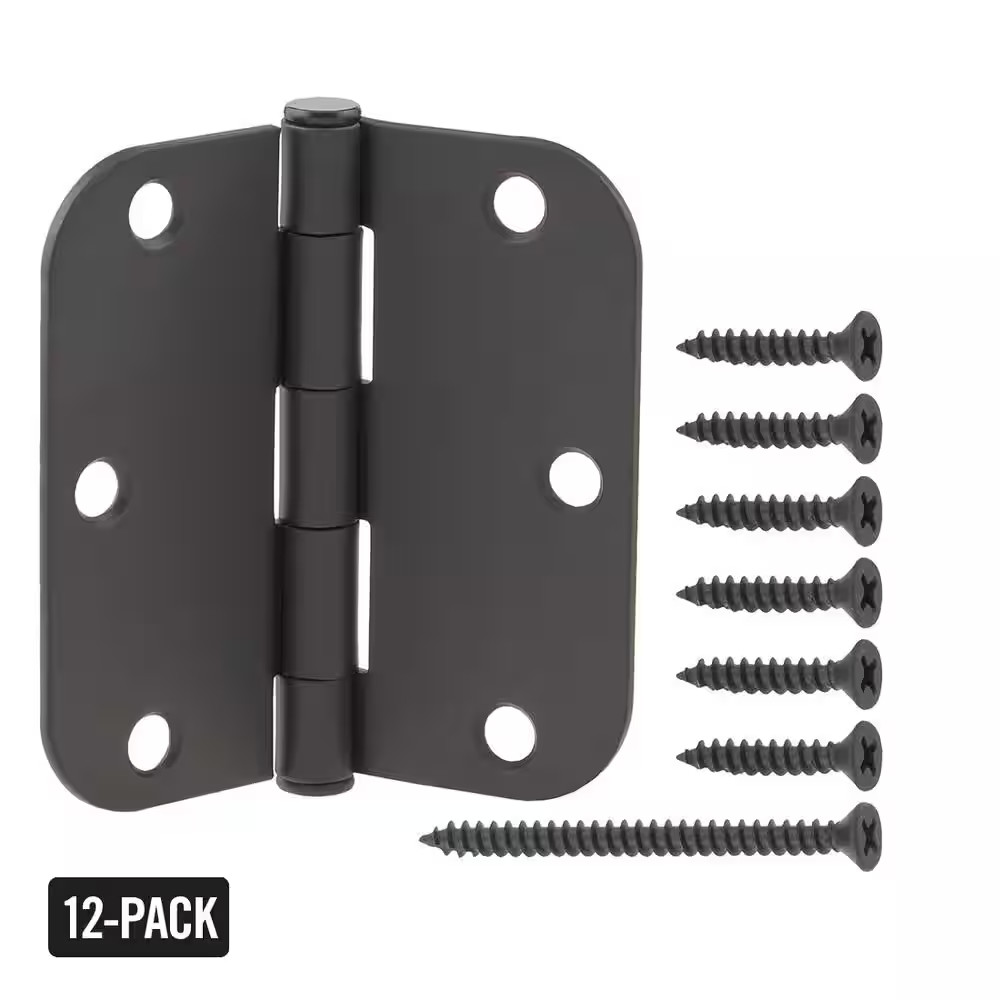 12-Pack 3-1/2 In. X 5/8 In. Radius Matte Black Squeak-Free Butt Door Hinge