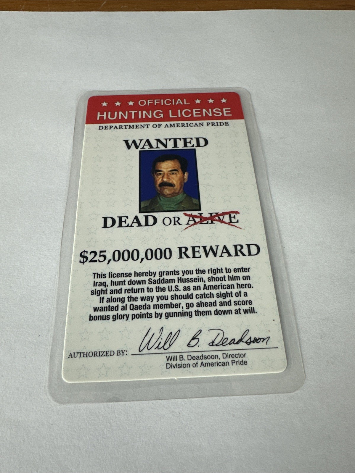 Extremally Rare 2003 Novelty Inc. Saddam Hussein 5" x 3" Hunting License