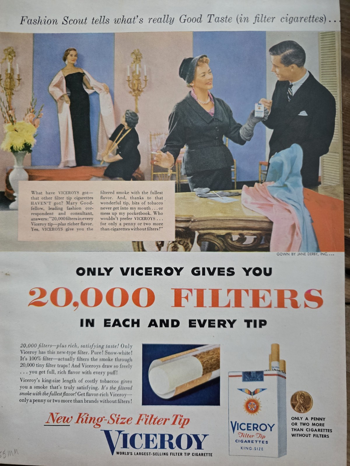 1953 Viceroy cigarettes Jane Derby evening gown Vintage ad