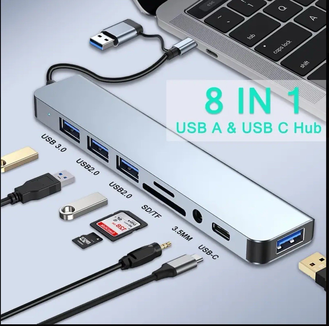 8in1 USB-C Hub Type C To USB TF SD Card 3.5mm Audio Adapter for PC Laptop Tablet