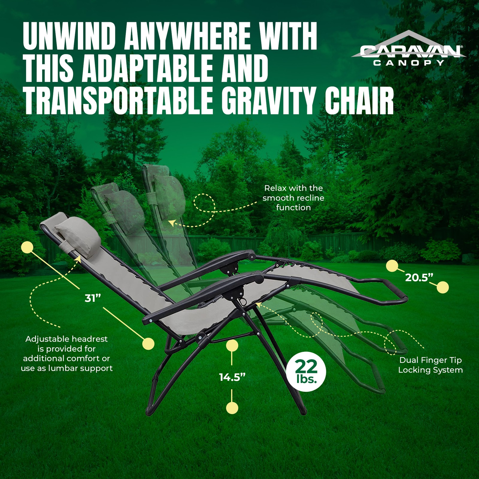 Caravan Sports Zero Gravity Outdoor Folding Camping Patio Lounge Chair, Gray