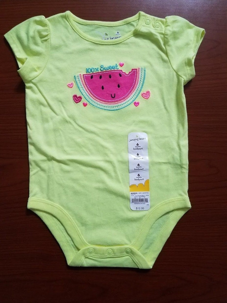 NEW JUMPING BEANS BAB GIRLS BODYSUIT YELLOW WATERMELON 100% SWEET SZ 6M