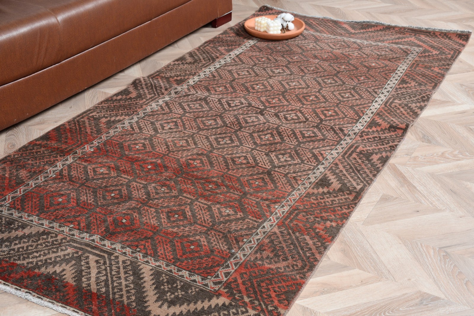 Vintage Turkish Rug 3,7x7,7 ft (114x236 cm), Brown Plants & trees Wool Rug