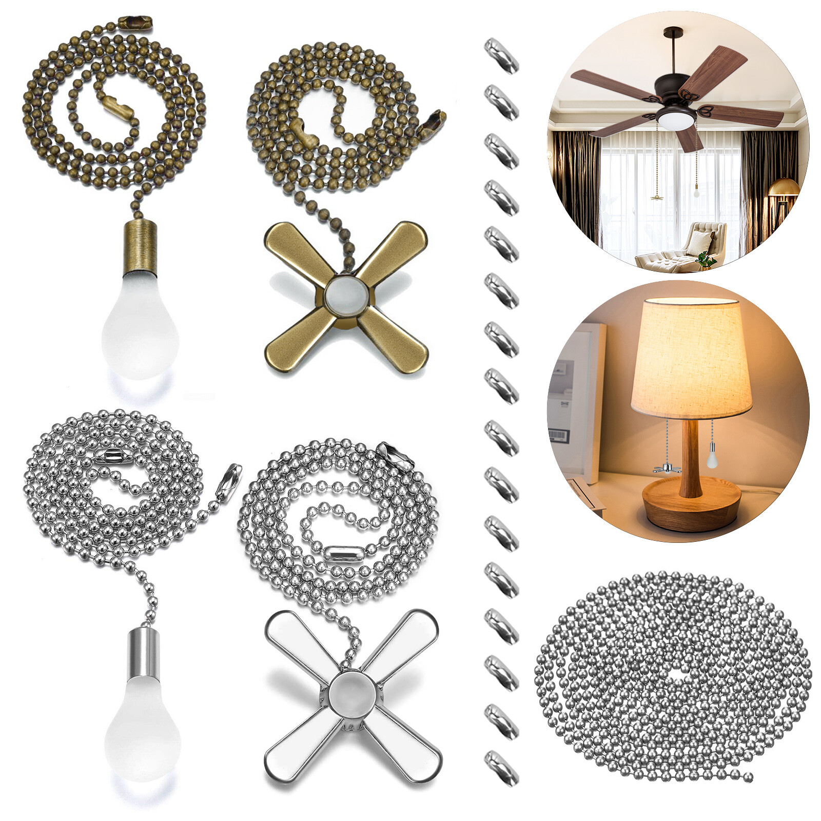 2/4Pcs Ceiling Fan Light Bulb Pull Chain Beaded Ball Extension Connector Decor