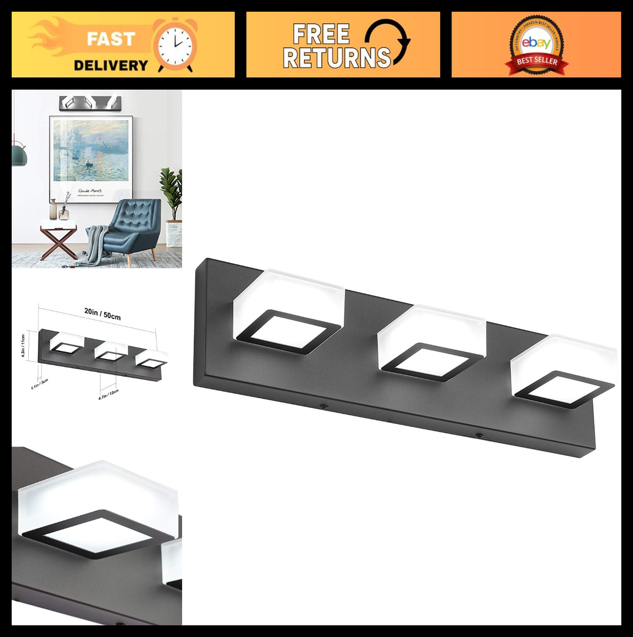 Modern Black Bathroom Vanity Lights - 3-Light LED Wall Fixtures, Acrylic Design