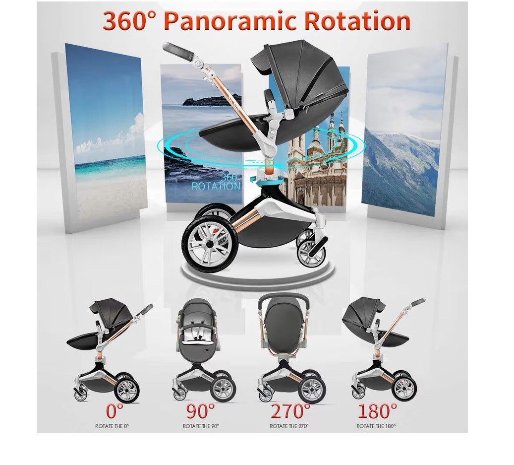 Hot Mom 2-in-1 Baby Grey Stroller with a 360° rotation function &PU leather SPF+