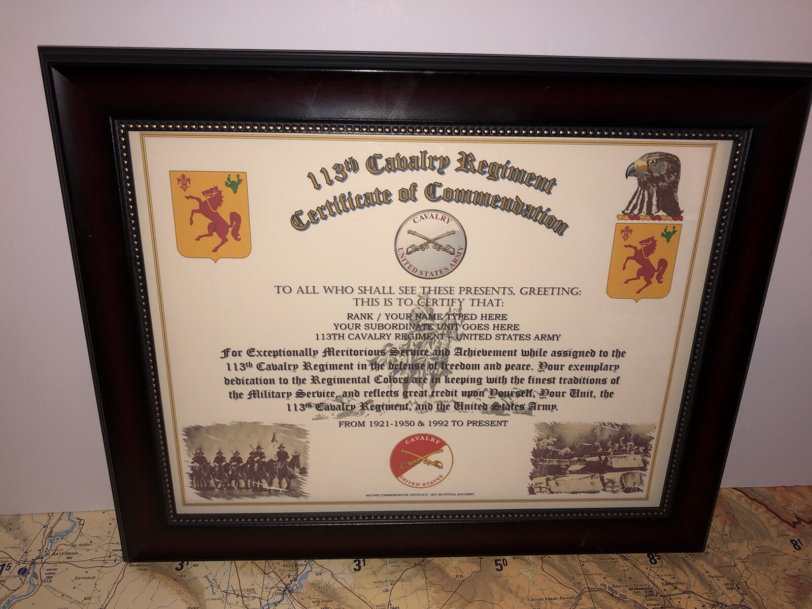113TH U.S. CAVALRY REGIMENT / COMMEMORATIVE - CERTIFICATE OF COMMENDATION