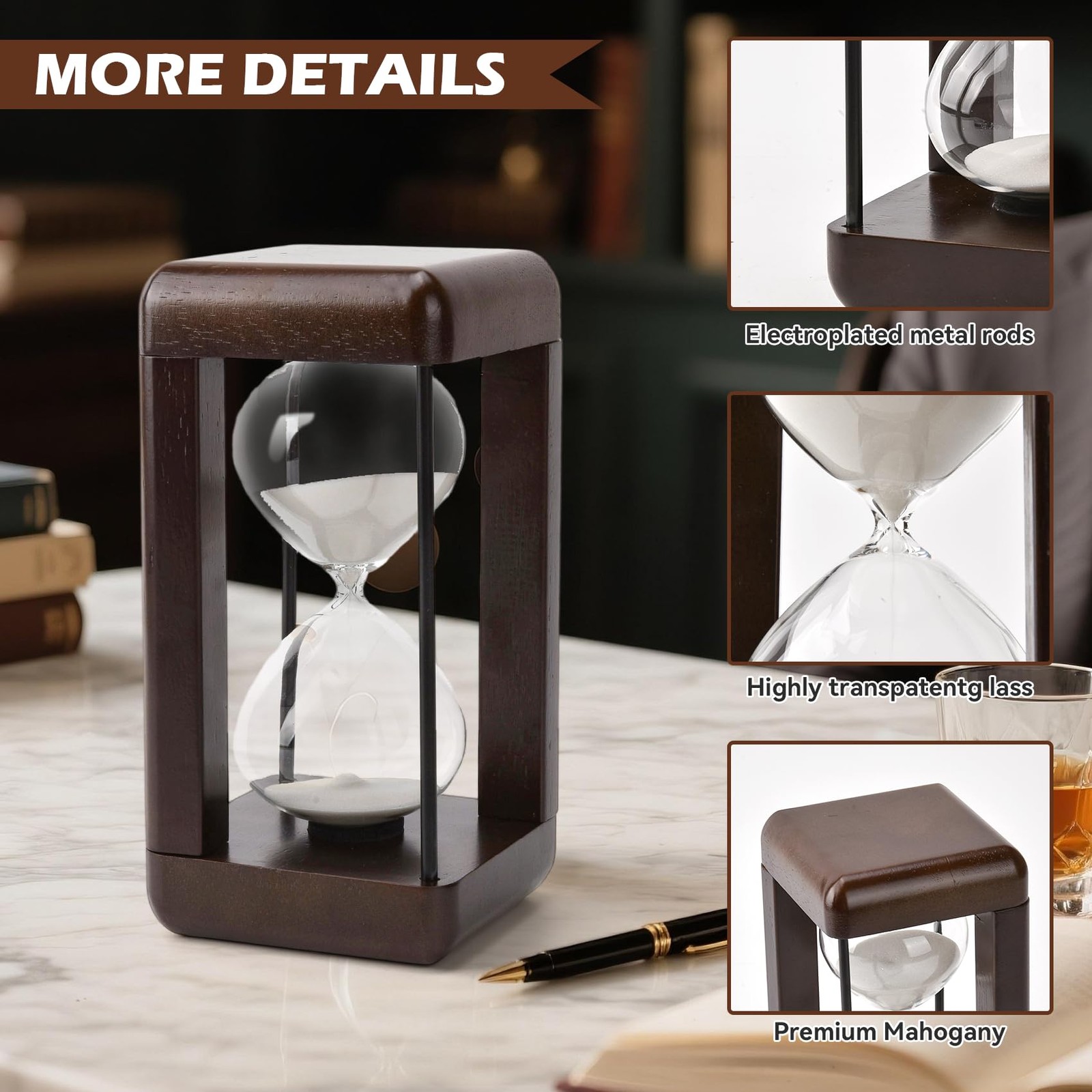 Hourglass Timer 60 Minute Large 4.5x4.5x9 Walnut - Elegant Home Decor for Office