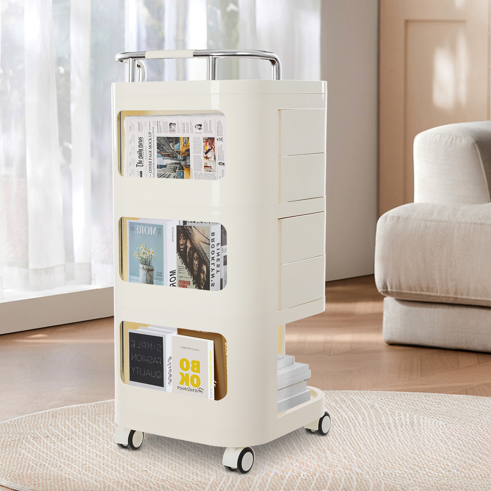 Cream Color Nightstand Movable And Rotates Shelf Tv Cabinet 3 Tier Storage Cart