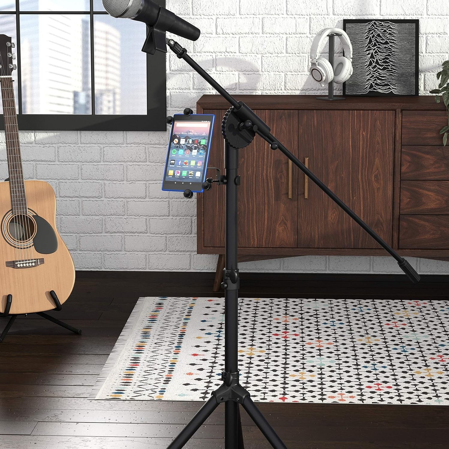 Adjustable Tablet/iPad Mic Stand Holder for Music Performance, Black