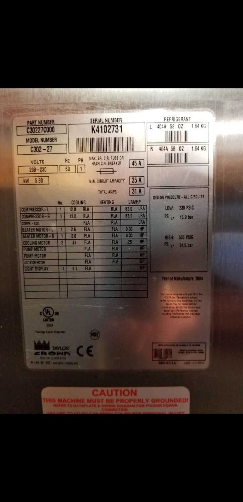 Taylor Crown Cool Chiller Slushy Machine - Model: C302-27