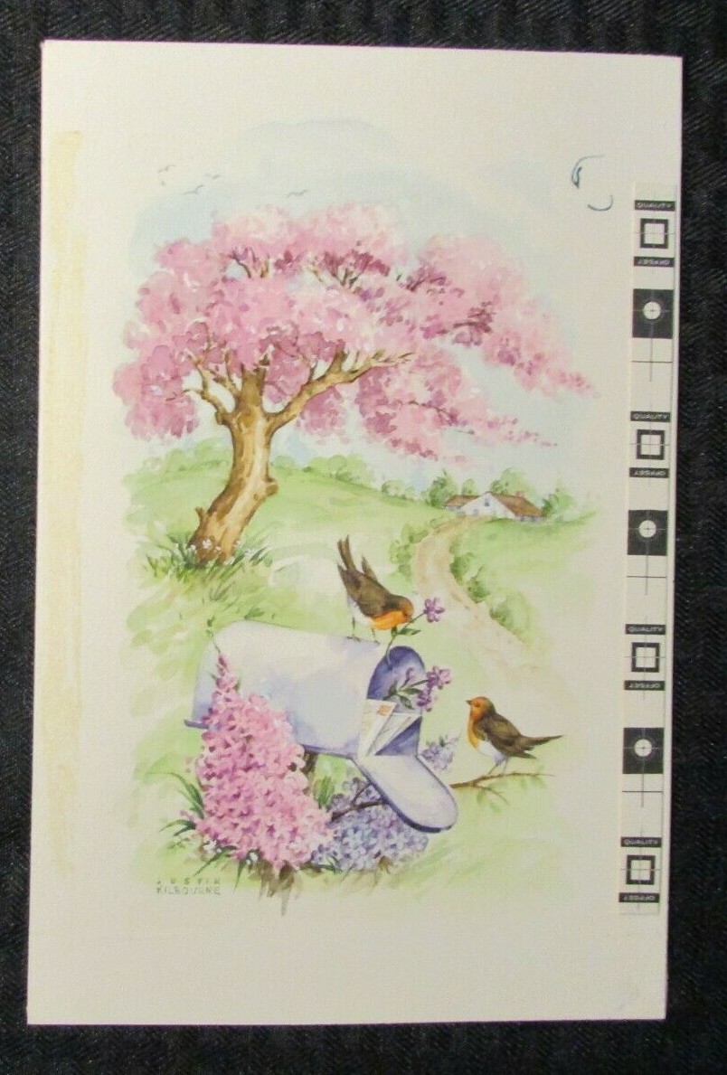 EASTER Birds with Flowers at Mailbox 5.5x8.5" Greeting Card Art #2604