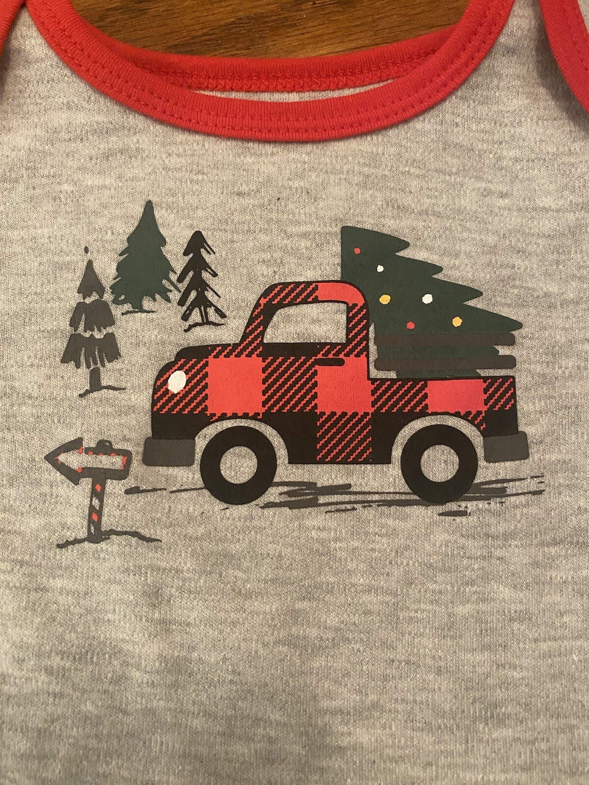 2 Christmas One piece 6-9 months Red Truck Tree, gray long & short sleeve
