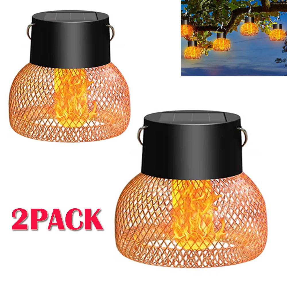 2PACK LED Solar Lantern Hanging Light Flickering Flame Outdoor Garden Lamp IP44