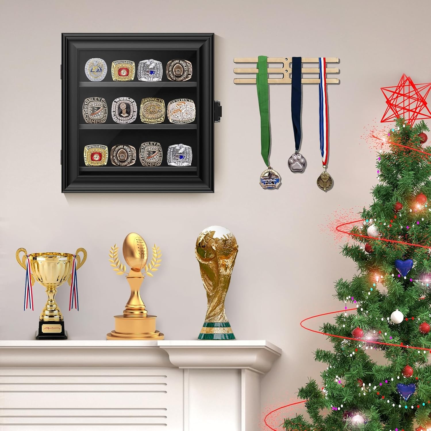 Championship Ring Display Case, 12 Posts 12 Posts-Rectangle, Black