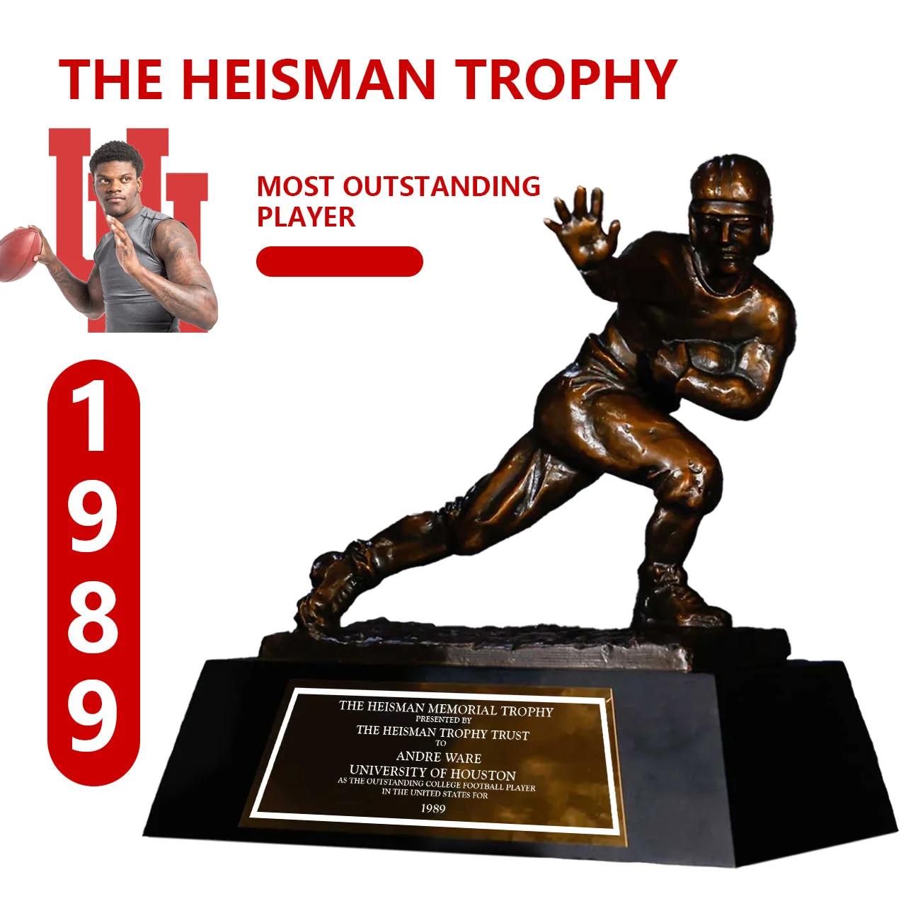 1989 Houston Cougars Andre Trevor Ware Heisman Trophy Replica Resin 34cm Trophy