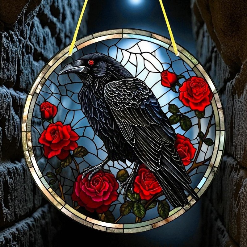 Raven & Red Roses Suncatcher 8" Gothic Window Hanging Decor 2D Flat Acrylic Art