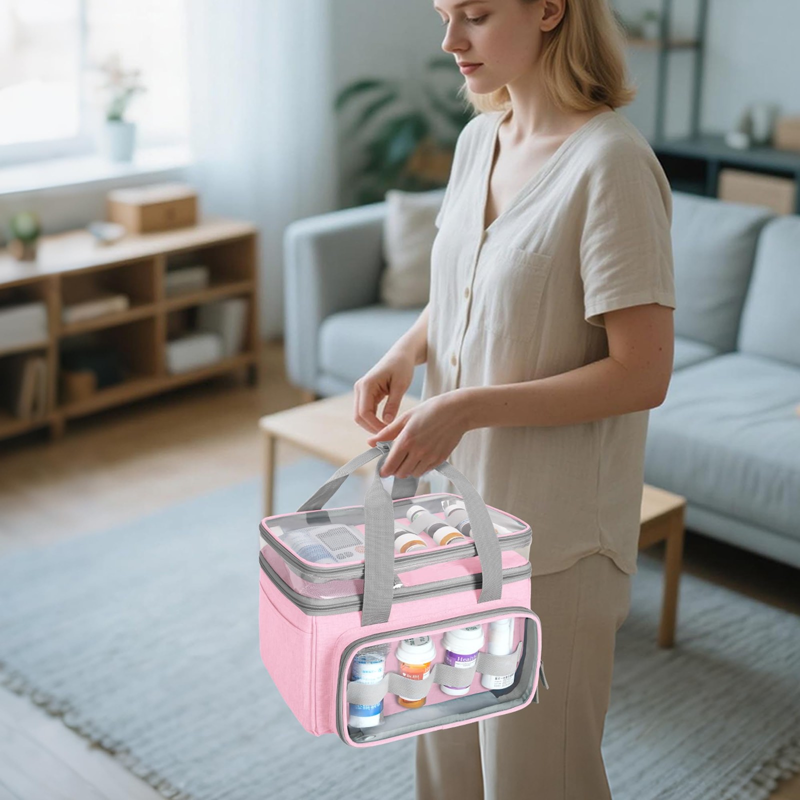 Double-Layer Medicine Bag with Transparent Compartment, Pill Bottle Organizer