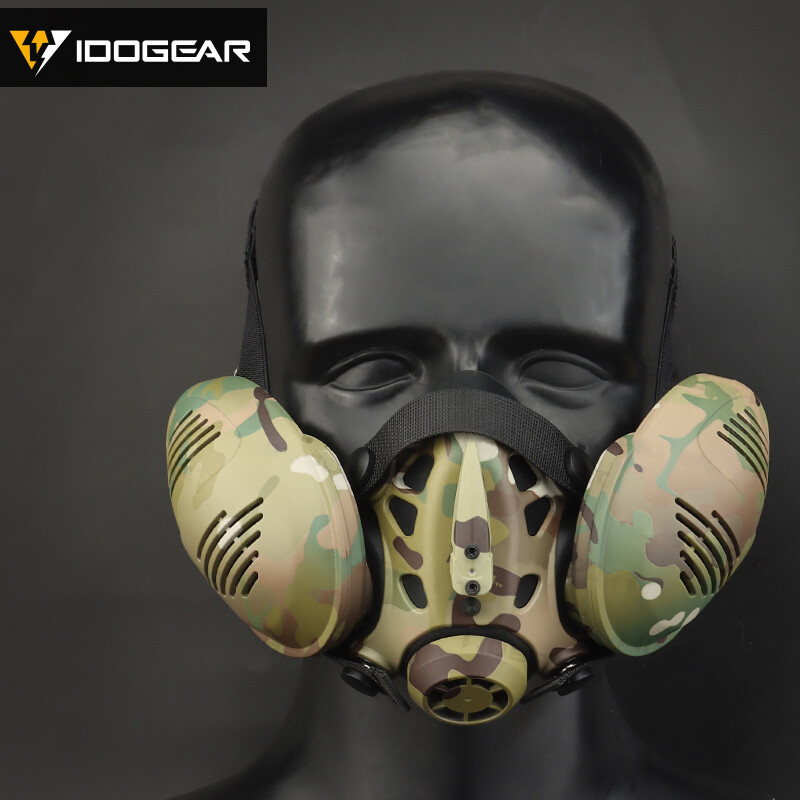 IDOGEAR Tactical Bilateral Respirator Half Face Mask Facepiece Airsoft Mask Camo