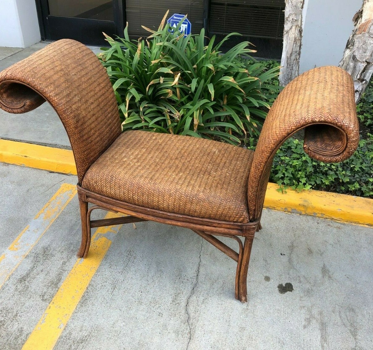 Vintage Rattan Roll Top Arm Bench Woven Wicker Brown