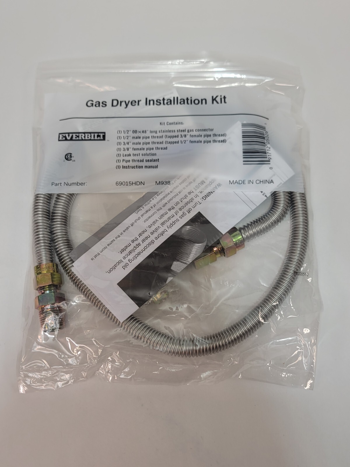 Eastman Everbilt Gas Dryer Installation Kit Line Hose 1/2 x 48" 69015HDN NEW
