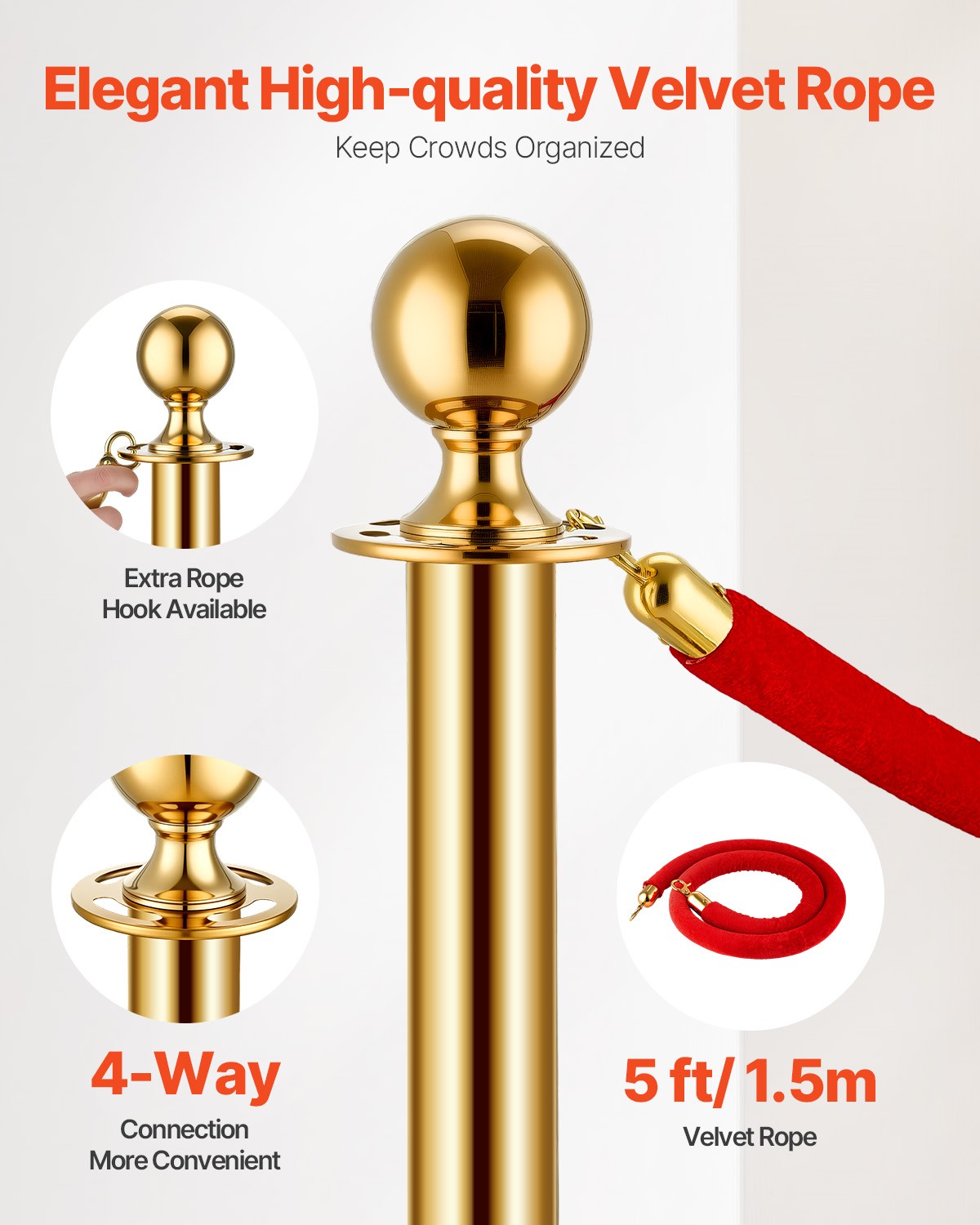 VEVOR 8Pcs Stanchion Post Queue Barrier Crowd Control Sand Injection Base Gold
