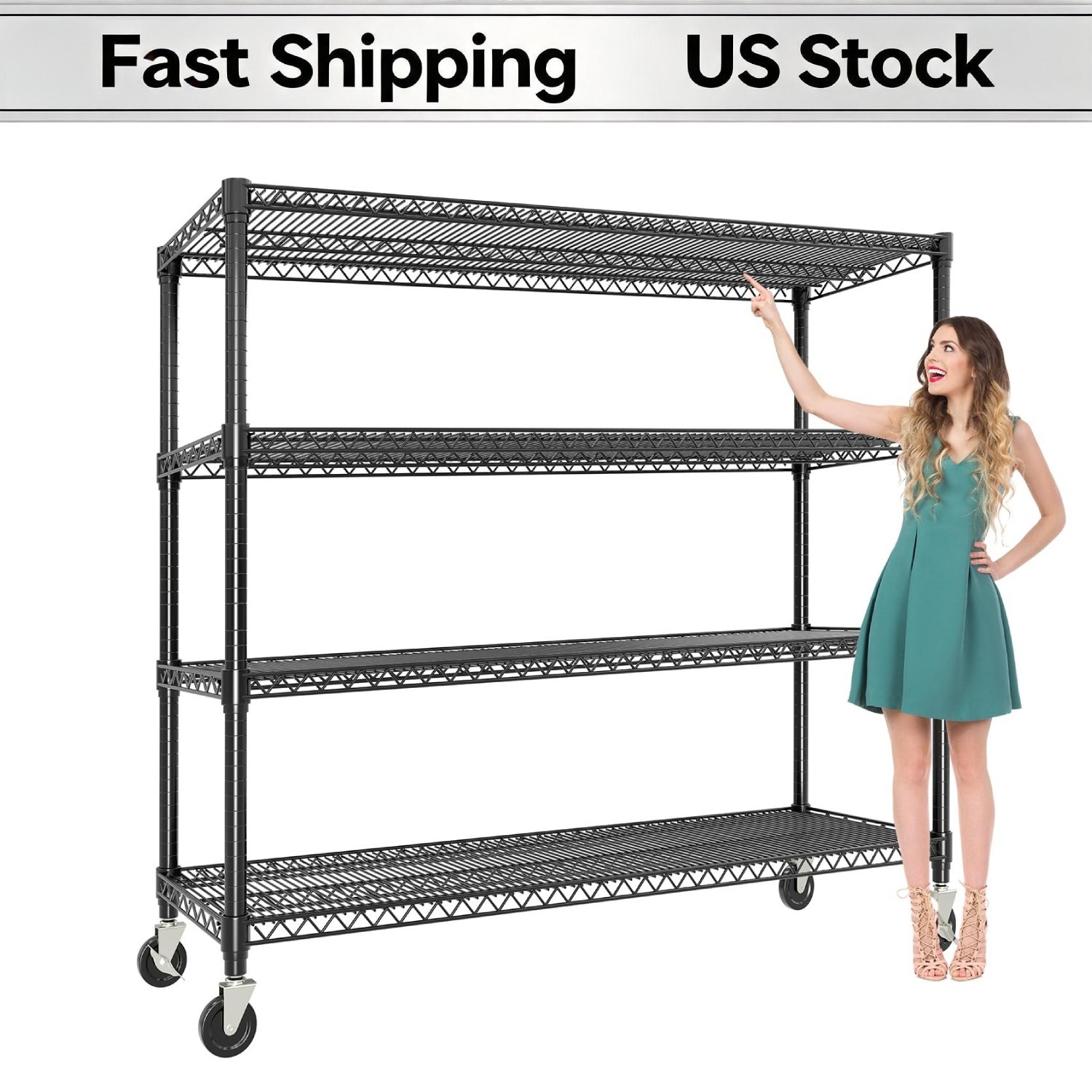 Wire Storage Shelves with Wheels, Heavy Duty 4-Tier Metal Garage Shelving Unit