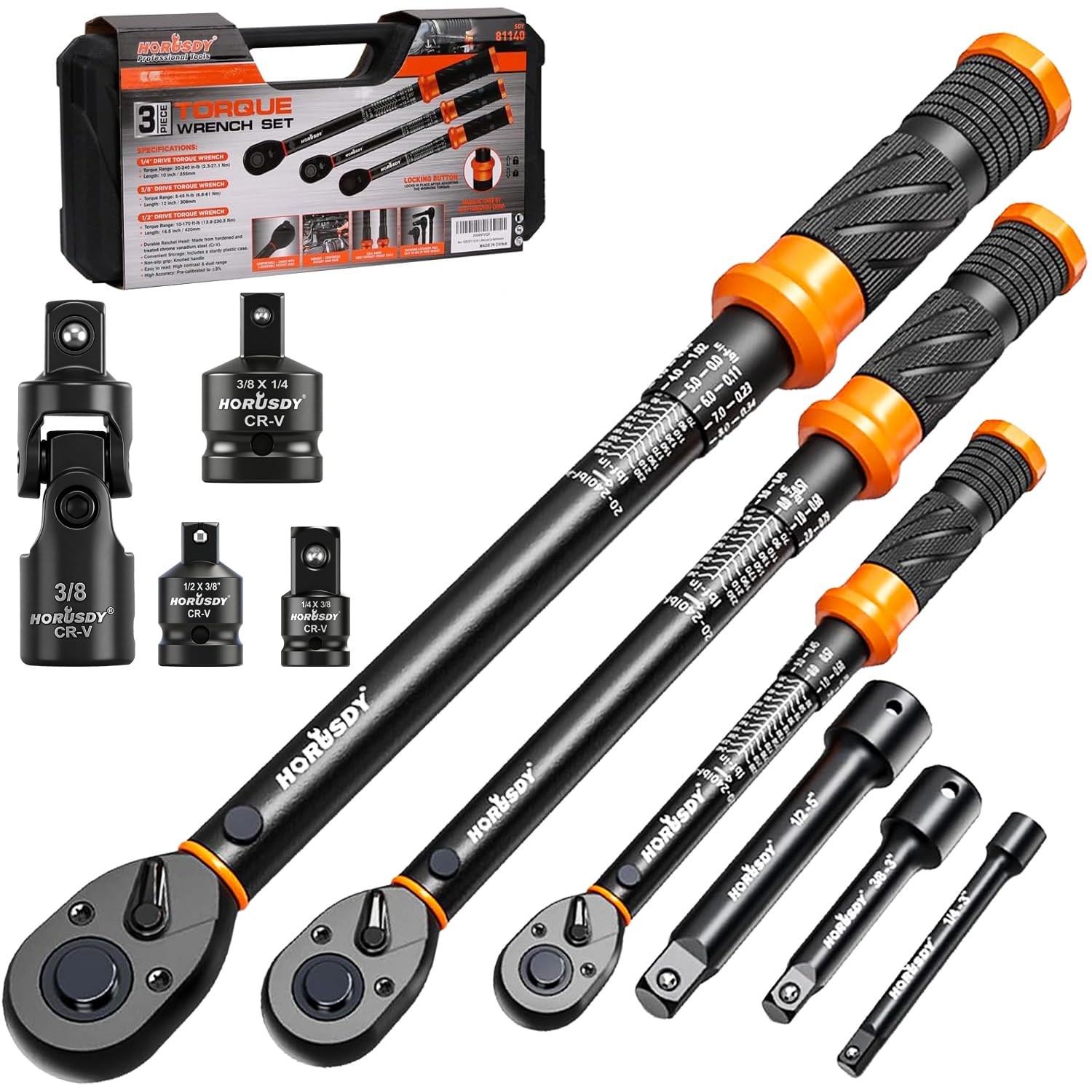 HORUSDY Pack Of 3 Torque Wrench Set, 1/4, 3/8, 1/2 Drive Click Torque Wrench Ext
