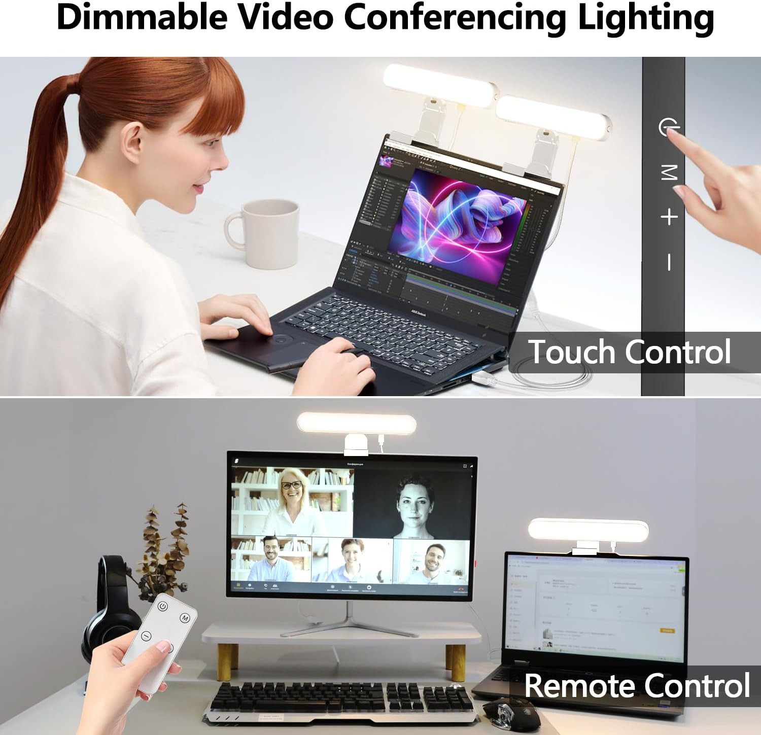 Dual-Lamp Video Conference Lighting, LED Streaming Light with Remote and Touch C