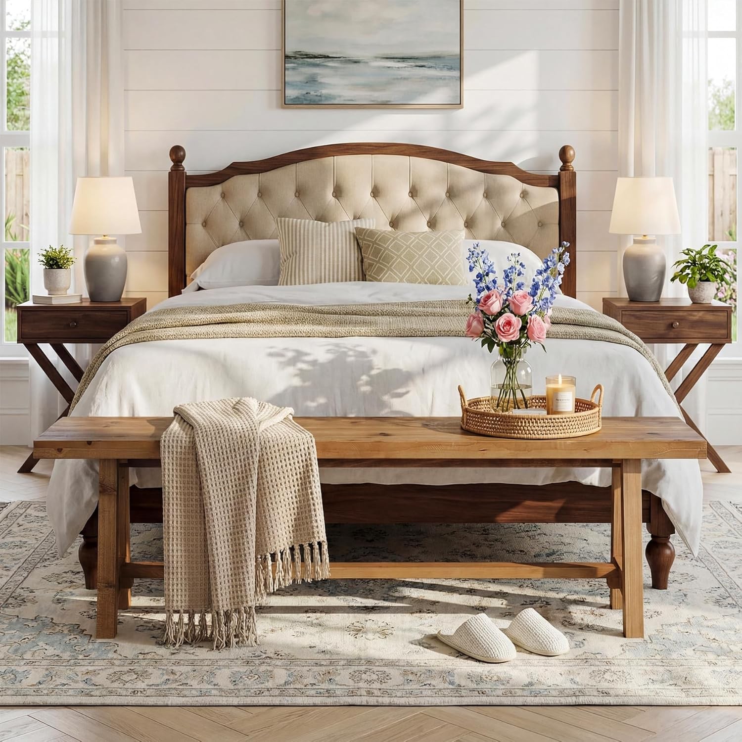 Solid Wood Dining Bench, 63 Inch Long Farmhouse Kitchen Bench for Dining Room