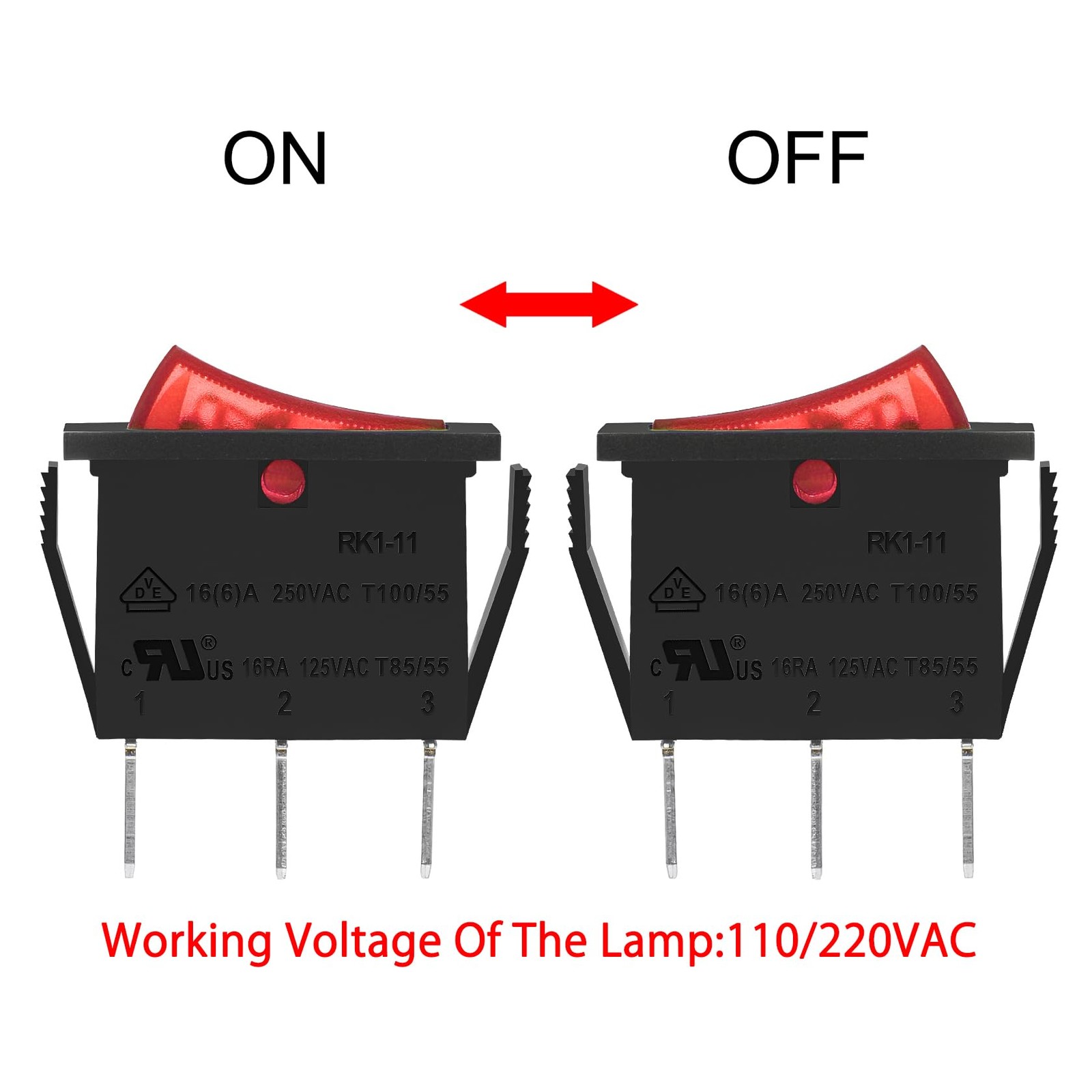 Rocker Switch ON-Off SPST 3 Terminals Red Light 16A 250VAC 5Pack