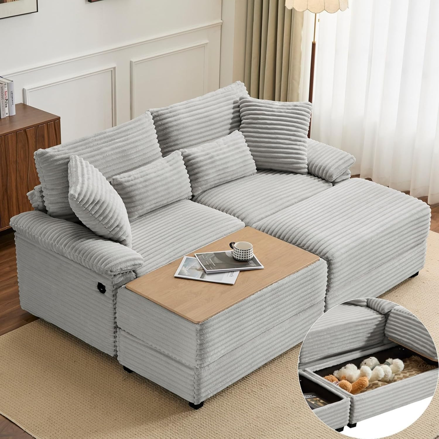 Double Lounge Chaise Indoor with Reversible Storage Ottoman/Table, USB Port & Pi