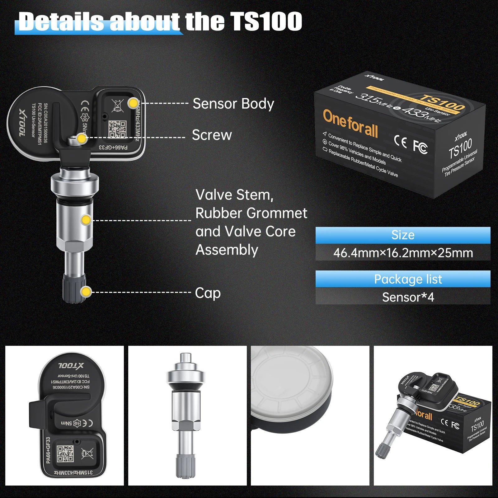 XTOOL TS100 TPMS 315MHz & 433MHz Programmable Tire Pressure Sensor 4pack Metal